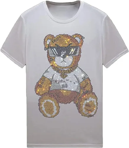 Vista 44 de HZCX FASHION Camiseta con strass brillante para Hombres y Mujeres, manga corta, con pedrería, para festivales de rock, con gemas, de algodón