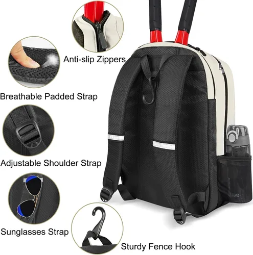 Vista 5 de Ytonet - Mochila de tenis para mujer y hombre, 2 raquetas Insulated Pocket and Ventilated Shoe Compartment, Gym Bags with Fence Hook for