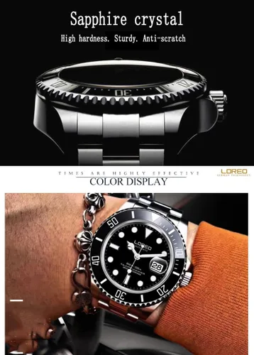 Vista 5 de LOREO Reloj automático de acero inoxidable para hombre con bisel giratorio negro