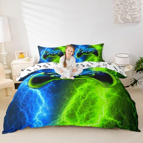 Vista 11 de Juego de funda de edredón con diseño de videojuegos para niños, tamaño individual, negro y azul a cuadros, juego de ropa de cama moderna