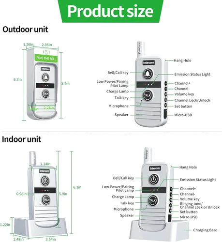 Vista 9 de Timbre inalámbrico, sistema de intercomunicación inalámbrico bidireccional, rango de 4900 pies y 16 canales, 4 niveles de volumen, 21 tonos