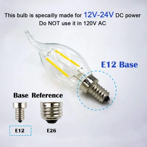 Vista 2 de Bombilla LED de bajo voltaje AC/DC de 12 V, 2 W, 200 lm, regulable con atenuador de CC, luz blanca cálida, base E12, punta de llama de vidrio
