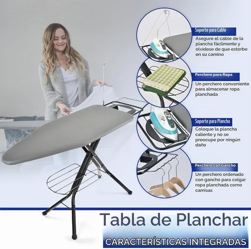 Vista 6 de BKTD Tabla de planchar extra ancha: superficie grande de 48"×18" (57" con soporte para plancha) • Perchero integrado para ropa, colgador y soporte