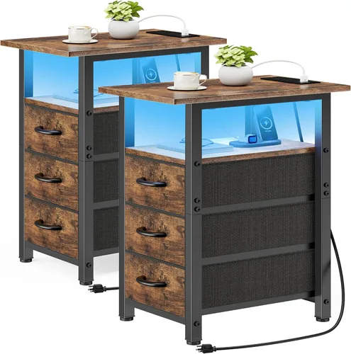 Vista 20 de Vagusicc Mesita de noche negra con estación de carga y luces LED, mesa auxiliar estrecha, mesita de noche LED con 3 cajones de tela para dormitorio
