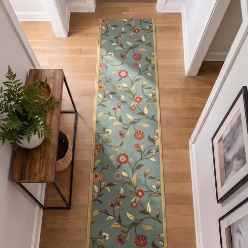 Vista 20 de Ottomanson, colección OttoHome, tapete para corredor con diseño azul claro y damasco (antiderrapante), parte trasera de goma Floral Beige