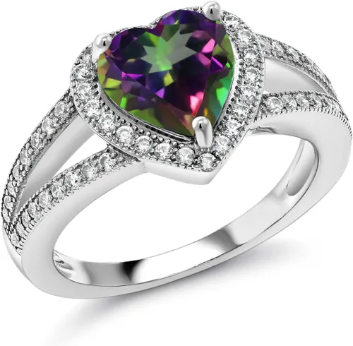 Vista 7 de Gem Stone King Anillo de halo de moissanita blanca y piedra natal de corazón de 0.315 in para mujer, plata de ley 925, joyería para aniversario