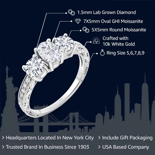 Vista 59 de Gem Stone King Anillo de compromiso de 3 piedras preciosas de oro blanco de 10 quilates con piedra natal y diamantes cultivados en laboratorio
