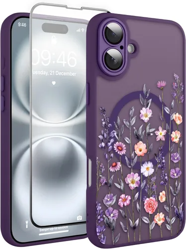 Vista 17 de Magnético para iPhone 13 con protector de pantalla [Compatible con MagSafe] Diseño de patrón floral de flores bonitas, funda delgada a prueba