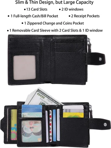 Vista 2 de Cartera de cuero con bloqueo RFID para mujer, pequeña, compacta, doble cremallera, con ventana para identificación