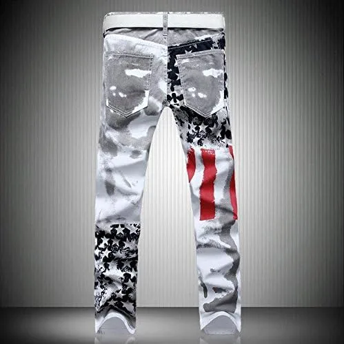 Vista 2 de Pantalones vaqueros lavados con estampado de bandera estadounidense para hombre, pantalones blancos