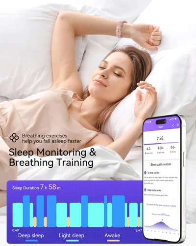 Vista 3 de Rastreador de Fitness, Relojes Inteligentes para Mujeres con Monitor de Frecuencia Cardíaca 24/7, Rastreador de Sueño, Entrenamiento de Respiración