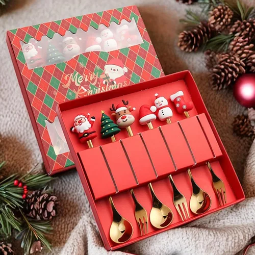 Vista 5 de MagiDeal Juego de 6 cucharas de Navidad, tenedores de acero inoxidable, cucharas de postre de acero inoxidable, cucharas de postre de sopa, cucharas