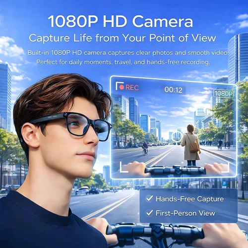 Vista 2 de Lentes inteligentes con cámara, 1080P HD cámara de grabación de video gafas de audio Bluetooth Open-Ear Audio, asistente de voz AI, cámaras duales