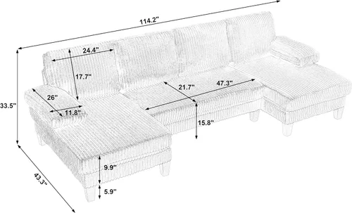Vista 2 de Sofá seccional en forma de U de gran tamaño con asiento profundo de pana con marco de madera maciza, sofá modular cómodo moderno con reposabrazos