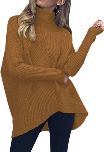 Vista 2 de Caracilia Suéter de manga larga con cuello alto para mujer, dobladillo irregular, informal, suéter de punto