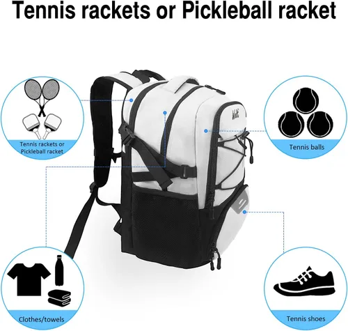 Vista 6 de Mochila para raqueta de tenis WOLT - Mochila grande para raqueta de tenis para hombres y mujeres - Compartimento ventilado para zapatos - Capacidad