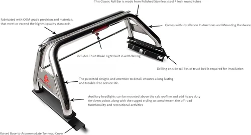 Vista 6 de Barra enrollable clásica Black Horse de acero inoxidable compatible con Toyota Tacoma 2005-2024 - RB006SS