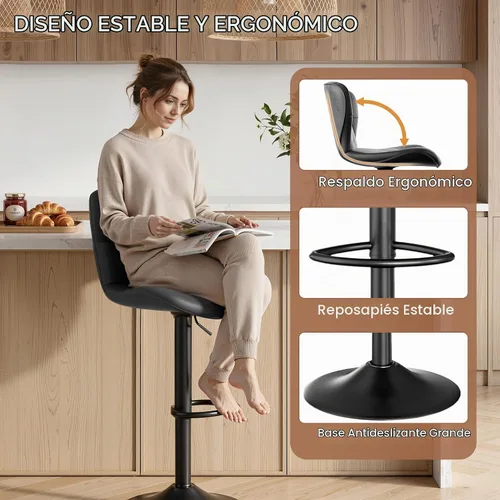 Vista 3 de Nebuaegis Juego de 2 taburetes de bar, modernos taburetes de bar giratorios ajustables de piel sintética, sillas de altura de mostrador con respaldo