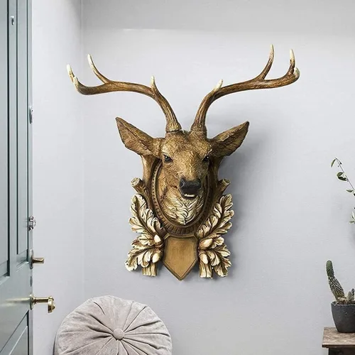 Vista 3 de Decoración de pared, cabeza de ciervo, escultura colgante de pared, decoración de animales, adornos retro, colgante de sala de estar, cuernos, Negro
