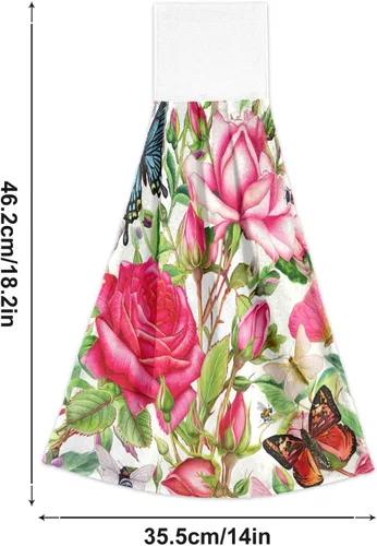 Vista 3 de Kitchen Towels with Hanging Loop, Soft Quick Dry Kids Kitchen Rags, 18.2 x 14 Inch, Set of 2, Botanical Roses Butterflies Retro