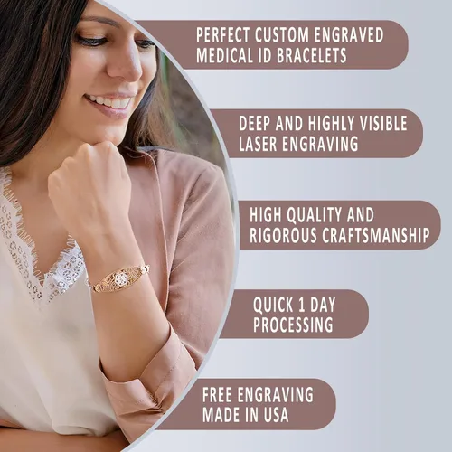 Vista 3 de Divoti Pulseras de alerta médica para mujer, pulsera de identificación médica de filigrana de oro rosa PVD grabada personalizada, con malla