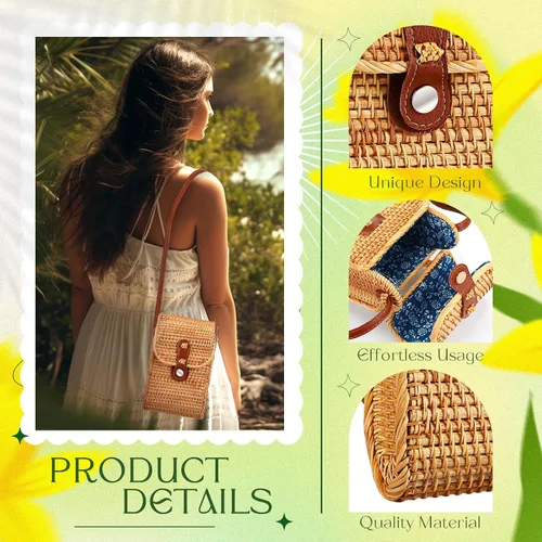 Vista 3 de Clysee Bolso de paja cruzado de mimbre para mujer, bolso pequeño de ratán bohemio, bolso cruzado hecho a mano de mimbre tejido, como se muestra