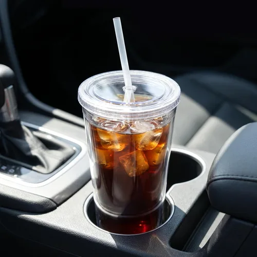 Vista 7 de Zukro Vaso acrílico transparente con pajita y tapa de 32 oz, vaso de plástico reutilizable aislado de doble pared para café helado, vaso para llevar