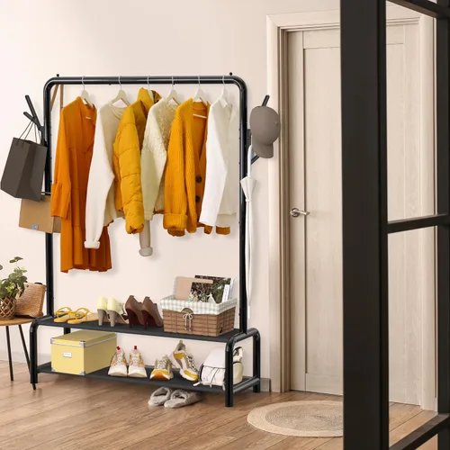 Vista 6 de Simple Houseware Perchero de Ropa Independiente de 52 Pulgadas con Estantes de Almacenamiento y Ganchos para Abrigos/Sombreros, Negro