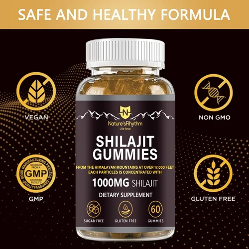 Vista 6 de Nature's Rhythm - Gomitas Shilajit de 1000 mg con ácido fúlvico 60 gomitas para apoyo energético e inmunidad para hombres y mujeres Ricas en más