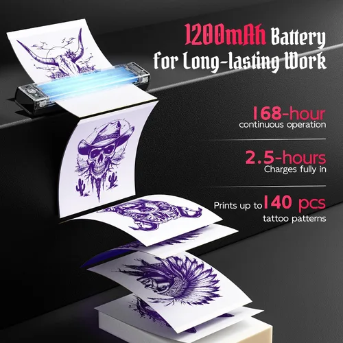 Vista 3 de TATTMUSE Nueva versión 2026 Impresora de plantillas de tatuajes, Bluetooth Negro