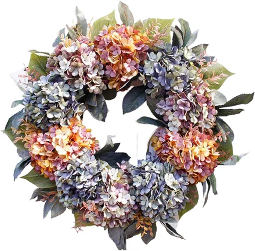 Vista 4 de Corona de hortensias artificiales para puerta delantera, 22 pulgadas, decoración del hogar de boda