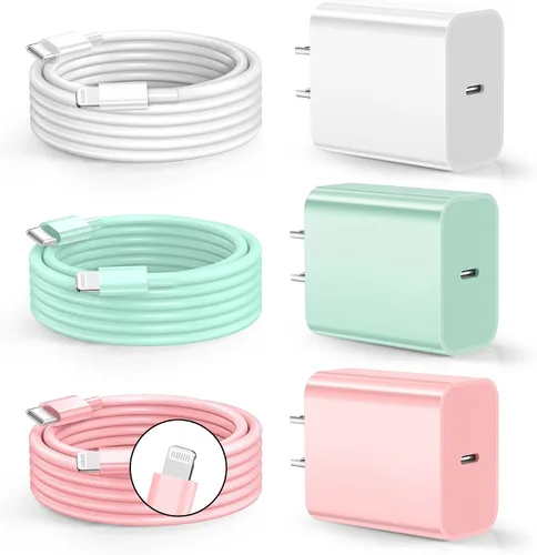Vista 8 de Cargador de teléfono de carga rápida, [certificado MFi] Cargador de pared USB C de 20 W con 3 cables USB C a Lightning de 6 pies, cable de carga