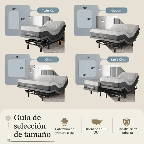 Vista 7 de Sven & Son Base de cama ajustable clásica, elevación de cabeza y pies, masaje, luces debajo de la cama, USB, memoria de gel, marco inteligente