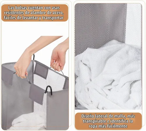 Vista 4 de STORAGE MANIAC - Clasificador de lavandería de 3 secciones con tabla de planchar plegable, carrito de lavandería resistente con ruedas y bolsas