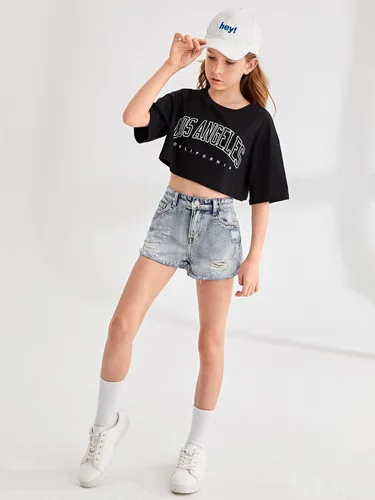 Vista 5 de Floerns Pantalones cortos de mezclilla rasgados con dobladillo sin procesar para niñas