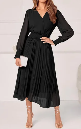 Vista 4 de PRETTYGARDEN Vestidos cruzados con cuello en V para mujer, para invitados de boda, casual, plisado, manga larga, vestido largo fruncido con volantes
