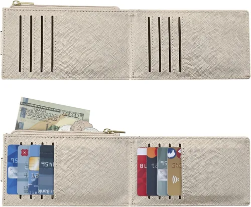 Vista 4 de Chelmon Billetera de mujer delgada con bloqueo RFID, billetera plegable con varios compartimientos para tarjetas con bolsillo con cierre, Dorado