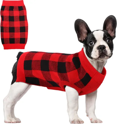 Vista 10 de QBLEEV Suéter navideño clásico a cuadros para perro, suéter elástico cálido con agujero para correa, suéteres de Navidad de cuello alto