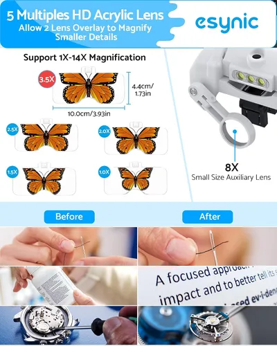Vista 3 de eSynic Lupas recargables tipo C con aumento de hasta 14 aumentos con 5 lentes intercambiables, 3 luces LED con 2 niveles de brillo ajustables, Blanco