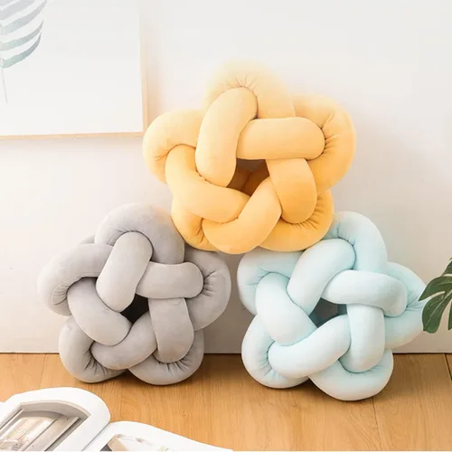 Vista 5 de Almohada de felpa con nudo hecha a mano, almohada de estrella anudada suave para sofá, cojín lumbar, almohada de bola de relleno para el hogar