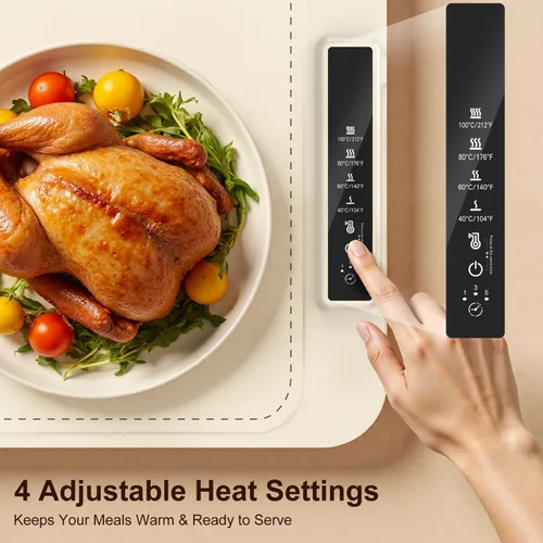 Vista 3 de Tapete de calentamiento para alimentos – Bandeja de calentamiento eléctrica con 4 ajustes de temperatura y temporizador, alfombrilla portátil