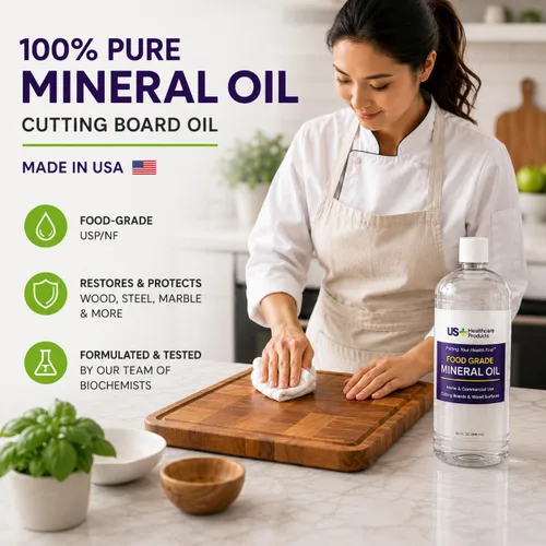Vista 3 de US+ Aceite mineral 100% puro de 32 onzas, aceite para tablas de cortar, grado alimenticio, USP, restaura y protege tablas de cortar, bloques