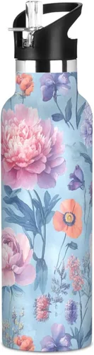 Vista 10 de Flores de otoño, tulipán, narciso, gladiolo, azul, doble pared, aisladas al vacío, botellas de agua con pajitas, a prueba de fugas, sin BPA, a