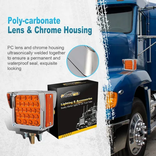 Vista 2 de Partsam 2 luces de estacionamiento de doble cara para remolque, pedestal con viseras cromadas, ámbar/ámbar de doble cara cuadrada, 52 luces LED