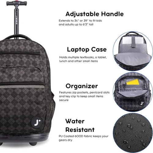 Vista 5 de J World Sundance Mochila Rodante para Laptop para Niñas y Niños. Mochila Escolar con Ruedas, Rombos negro, 20 pulgadas