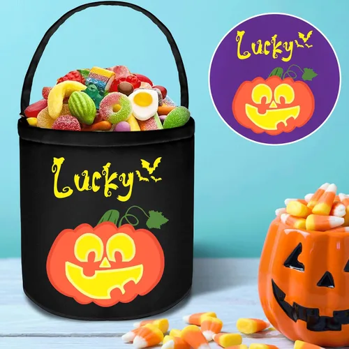 Vista 7 de Cubo de Halloween personalizado con nombre personalizado para trucos o tratos, bolsa de dulces personalizada para niños, bolsas de lona grandes