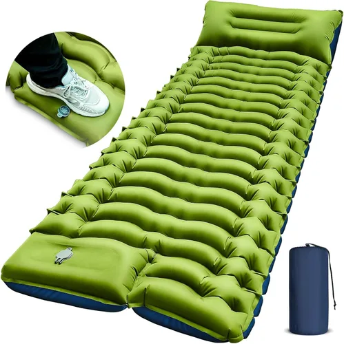 Vista 15 de FUN PAC Almohadilla de dormir para acampar con almohada Bomba de pie incorporada Esterilla de dormir inflable compacta para acampar mochilero Azul