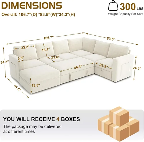 Vista 3 de Sofá modular modular en forma de U de 106.7 pulgadas con cama extraíble y almacenamiento, moderno sofá convertible de 7 asientos, cómodo seccional