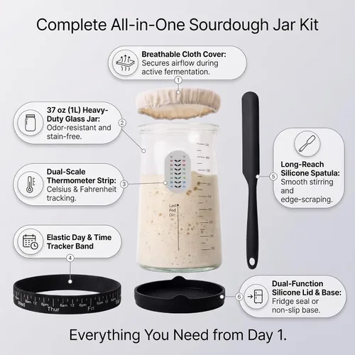Vista 2 de Kit de Inicio de Masa Madre Pro - Kit de Tarro de Masa Madre de Boca Ancha de 37oz para Pan - Gran Tarro de Vidrio para Masa Madre, Banda