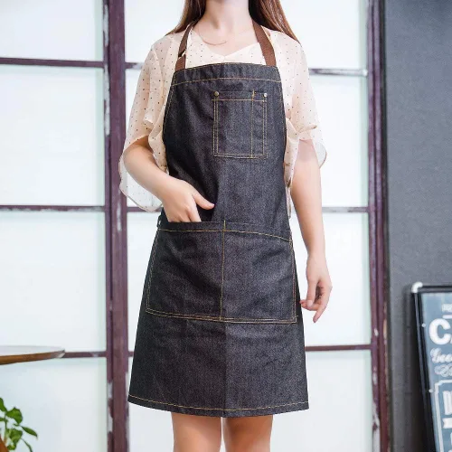 Vista 6 de Delantal de mezclilla unisex ajustable con múltiples bolsillos para chef cocina, barbacoa y estudio
